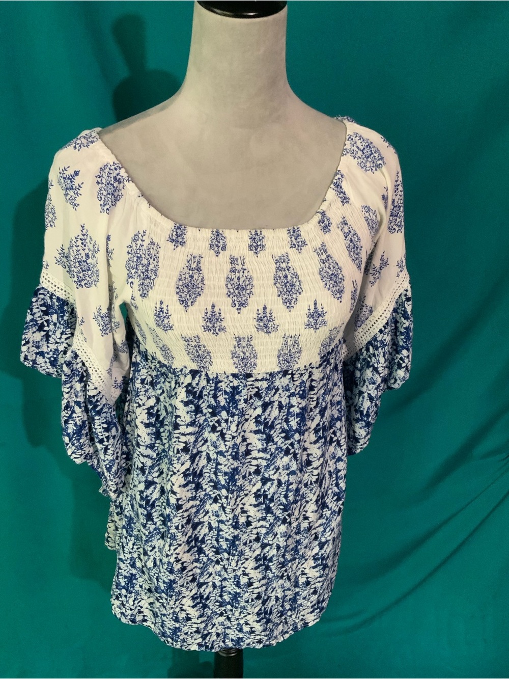FLYING TOMATO, VINTAGE-INSPIRED BOHEMIAN BLUE AND WHITE MINI TUNIC DRESS